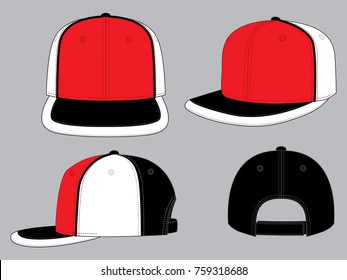 Red-Black-White Hip-Hop Cap With Black Piping, Adjustable Hook-Loop Closure Strap Design On Gray Background