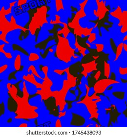 
abstracto de color rojo-azul, patrón brillante con puntos negros. Estilo deportivo. Camuflaje. Ilusión vectorial sin fisuras para papel de pared, embalaje, textil, tela.