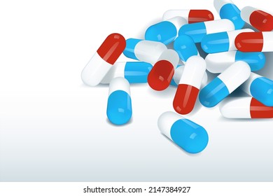 las cápsulas de color rojo-azul están diseminadas en la mesa de la esquina. Pastillas al azar. Antecedentes médicos. Ilustración vectorial.