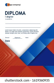 Red-blue diploma template with abstractions. Flat diploma of the winner of sports, scientific and educational competitions.
