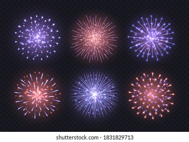 Red-blue fireworks collection, realistic firecracker explosions set isolated on a dark transparent background. Festive Independence Day pyrotechnic show. Vector Christmas light effect.