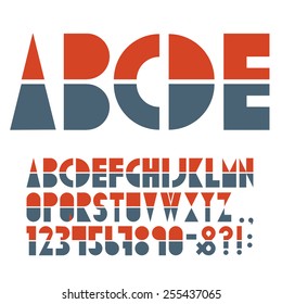 Red-blue font, numbers and punctuation mark in retro style. Vector set