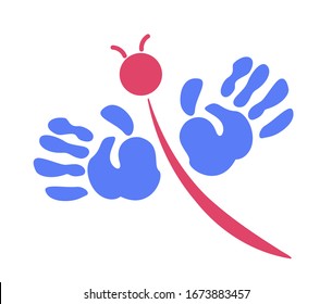 Patrón rojo-azul con las palmas de los niños sobre un fondo blanco. Un símbolo de la infancia en forma de libélula. Ilustración vectorial EPS10