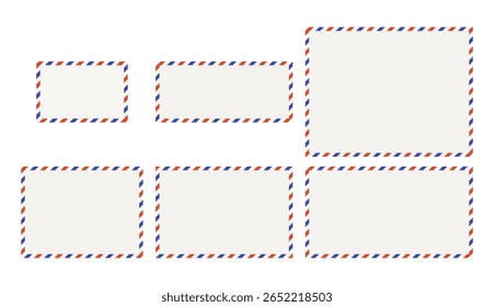 Marcos de la postal rojo-azul aislados en un fondo blanco. Plantillas fronterizas de correo aéreo en blanco. Ilustración vectorial