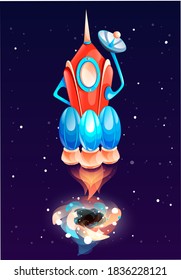 A red-blue rocket with three engines flies into space and blows smoke. Fire at the bottom of the aircraft. Travel across the galaxy and the universe. A rocket flies out of black hole into outer space