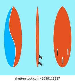 Red-blue surfboard with bold contrast tones,
visible from front, side, and back,
flat art design style.
