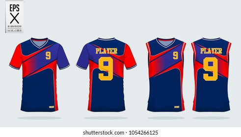 Red-Blue t-shirt sport design template for soccer jersey, football kit and tank top for basketball jersey. Sport uniform in front and back view. Tshirt mock up for sport club. Vector Illustration.