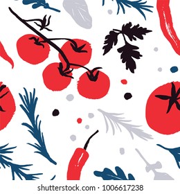 Red-blue-black colored vegetable seamless pattern with a half-square shift. Autumn crop. Farm market products. Fresh green 