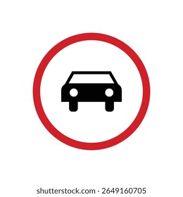 A red-bordered circle encloses a solid black car silhouette, centered on a white background, creating a simple, graphic, and restrictive sign.