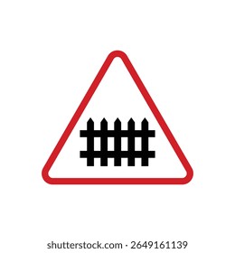 A red-bordered triangular sign displays a black railway crossing symbol, centered on a white background, creating a warning, graphic, and straightforward composition.