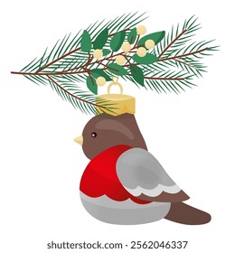 Red-breasted bird. Bullfinch. Christmas tree toy on a fir branch. Ideal element for a festive mood. Vector illustration for a poster, greeting card and design for kids.