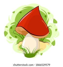 Red-brown mushroom on an abstract background. Picture. Vector isolated on white. Cartoon flat style. Beautiful little forest mushroom in the grass.