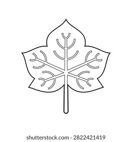 Redbud leaf black and white line art outline with heart shaped cordate form, pointed tip, palmate veins and stem, clean minimalist botanical drawing isolated on white background.