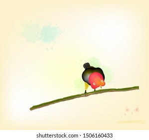 Red-capped manakin male dancing on branch, The bird is probably best known for the male's unusual courting method whereby he shuffles rapidly backwards across a branch, akin to a speedy moonwalk.