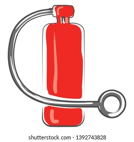 A red-colored fire extinguisher that discharges gas to extinguish the fire is with both the discharge tube and discharge nozzle in black color  vector  color drawing or illustration