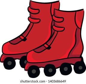 A red-colored roller skates with black wheels of aluminum-alloy that promotes the confidence to enjoy their ride and minimize the pesky blisters, vector, color drawing or illustration.