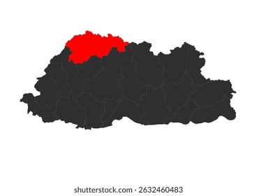 Red-colored vector silhouette of the location map of gasa district in Bhutan
