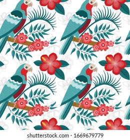 Red-crowned Amazon parrot patten with tropical hibiscus flowers, leaves and brunches for print wrapping paper, textile or fabric design. Exotic birds and plants on seamless background.