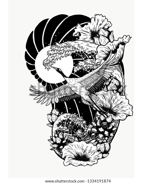 白い背景に赤い冠を持つ鶴とハスベクター手描き 美しい鳥 ラインアートスタイルで細かいグルス ジャポネンシス 刺青や壁紙用の中国の鳥 のベクター画像素材 ロイヤリティフリー