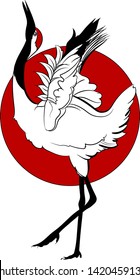 Red-crowned crane on a background of the red circle. Vector