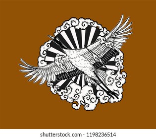 Red-crowned crane vector flying by hand drawing.Beautiful bird on white background.Grus japonensis art highly detailed in line art style.Chinese bird for tattoo or wallpaper. Note to editor: