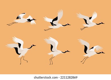 Red-crowned japanese crane. Cute bird in different poses. Vector illustration for prints, clothing, packaging, stickers.