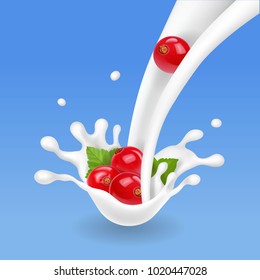 Redcurrant in a milk flowon blue background. Falling realisitc red currant berries
