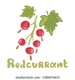 Redcurrant Vector Isolated Flat Image. Ripe red berries with leaves. Healthy detox natural product. Flat design organic food. Detox and weightloss supplements.