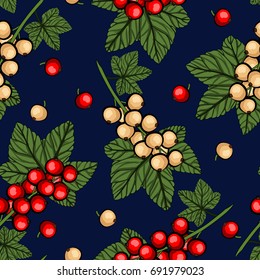 Redcurrant and White currant with green stem and leaves on dark blue background. Seamless pattern. Vector illustration.