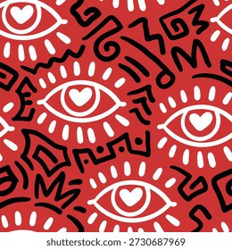 Redd love eye and doodle in seamless pattern. Hand drawn doodle and illustration for sticker, postcard, wallpaper, mural, fabric, prints, etc