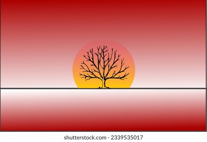 fondo rojizo con árbol seco y puesta de sol en el fondo