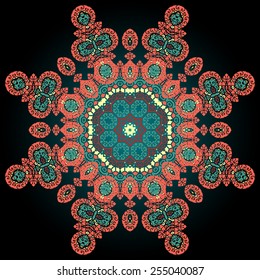 Reddish coloured ornamental mandala on black backdrop. Vector art Vintage design element.