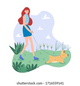 Reddish girl in blue clothes walks outside with her sweet dog. Light and gentle color gamma. Completed flat vector illustration.