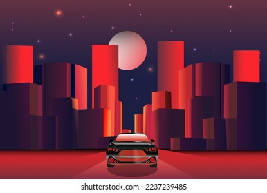 reddish night city with buildings and full moon view vector design