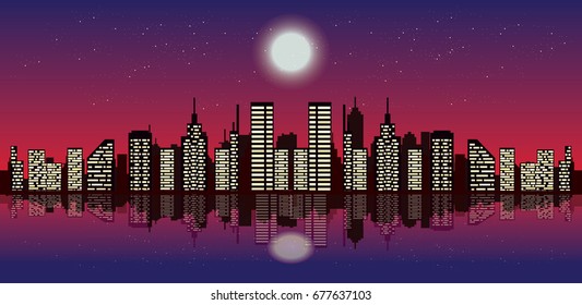 reddish night sky and fool moon over city silhouette. vector cityscape  illustration.city lights. reflection on the water/
