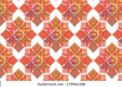 Reddish pink geometrical star shape with chequed fill in a repeating pattern on a white background