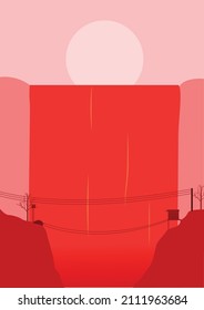 Reddish village landscape vector illustration with red waterfall on background.