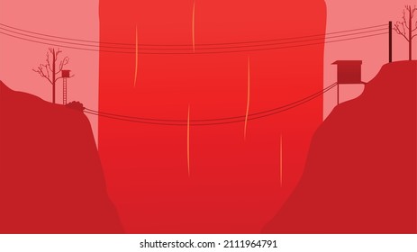 Reddish village landscape vector illustration with red waterfall on background.