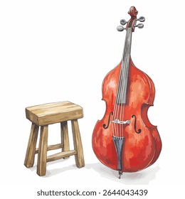 Um contrabaixo marrom-avermelhado está ao lado de um pequeno banquinho de madeira marrom claro, ambos renderizados em uma ilustração estilo aquarela.