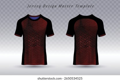 Modelo de camisa geométrica marrom avermelhado com painéis de contraste preto, perfeito para uniformes de equipe profissional, kits de esportes e marca atlética de alto desempenho.