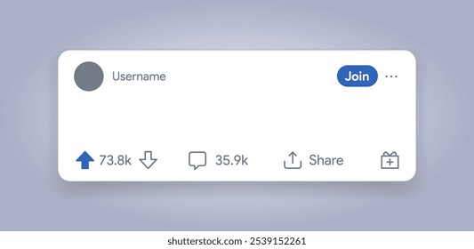 Reddit-inspired post interface. Blog post template. Upvote, downvote, comment, share publication mockup. Redit social media layout. Like, dislike media. Vector illustration