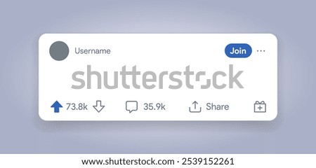 Reddit-inspired post interface. Blog post template. Upvote, downvote, comment, share publication mockup. Redit social media layout. Like, dislike media. Vector illustration