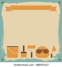 Redecoration worker background with brush paint and helmet flat vector illustration