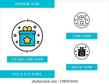 Los iconos de canje establecen la ilustración vectorial con estilo de línea de icono sólido. Símbolo de regalo de intercambio de lealtad a los miembros. Icono de trazo editable en fondo aislado para diseño web, interfaz de usuario y aplicación móvil