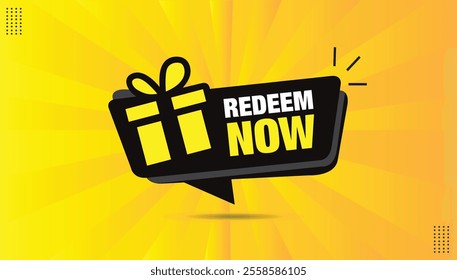 Redeem Now Banner editable EPS format template design with black ash colors, featuring a vibrant yellow and orange gradient background for eye-catching promotions and offers