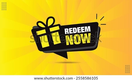 Redeem Now Banner editable EPS format template design with black ash colors, featuring a vibrant yellow and orange gradient background for eye-catching promotions and offers