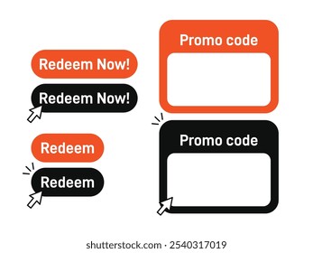 Botões de emblema de código promocional e resgatar agora para design de site, publicidade, comércio, aplicativo e muito mais