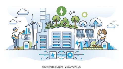 Redefining energy for tomorrow with urban sustainable power outline concept. Modern IOT city with green renewable electricity park vector illustration. Data center powered by alternative sources.