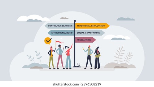 Redefining traditional career paths for Gen Z occupations tiny person concept. New approach to find professional future goals vector illustration. Continuous learning and entrepreneurship model.