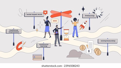 Redefining traditional career paths for Gen Z occupations retro tiny person concept. New approach to find professional future goals vector illustration. Continuous learning and entrepreneurship model